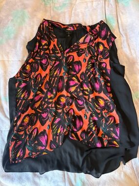 Worthington Coral Floral Print Sleeveless Camisole with Black Panels